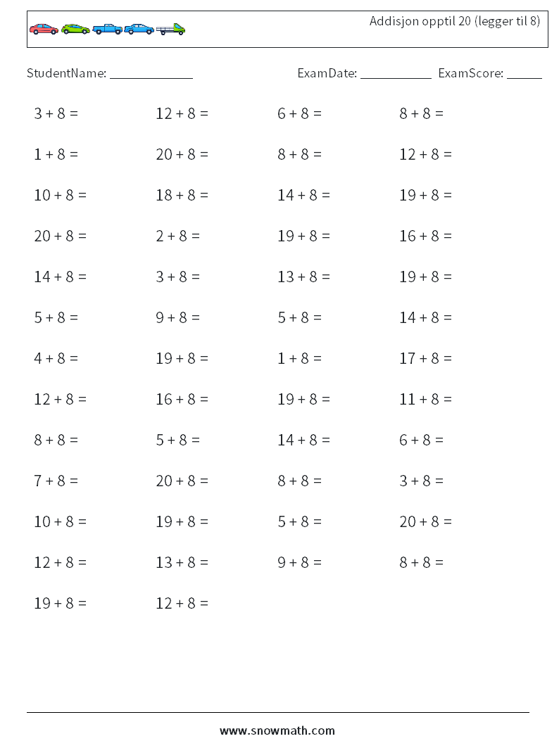 (50) Addisjon opptil 20 (legger til 8) MathWorksheets 4