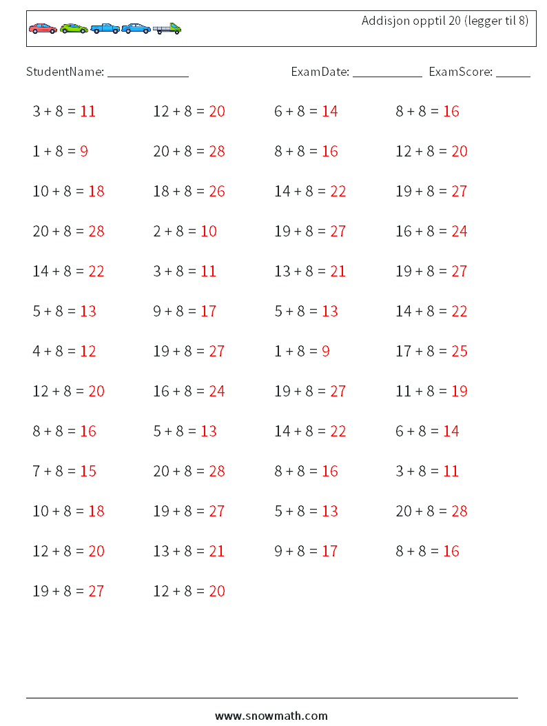 (50) Addisjon opptil 20 (legger til 8) MathWorksheets 4 QuestionAnswer