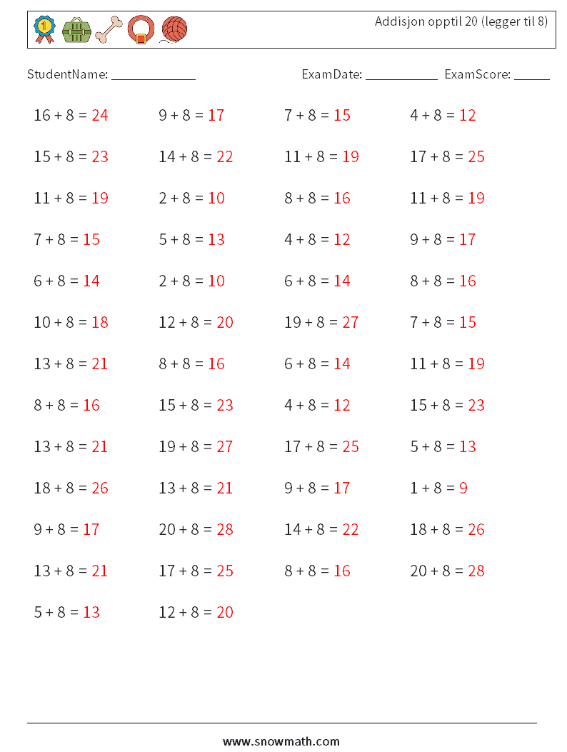(50) Addisjon opptil 20 (legger til 8) MathWorksheets 5 QuestionAnswer
