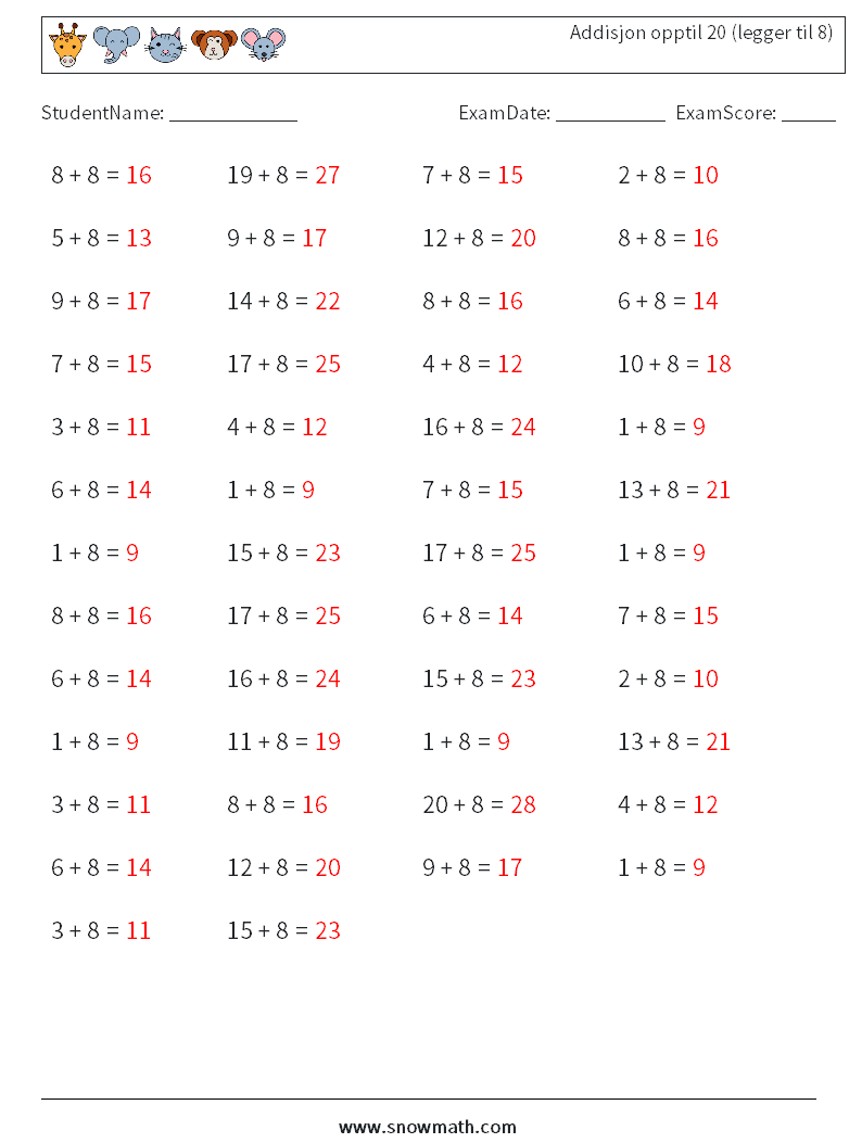 (50) Addisjon opptil 20 (legger til 8) MathWorksheets 6 QuestionAnswer