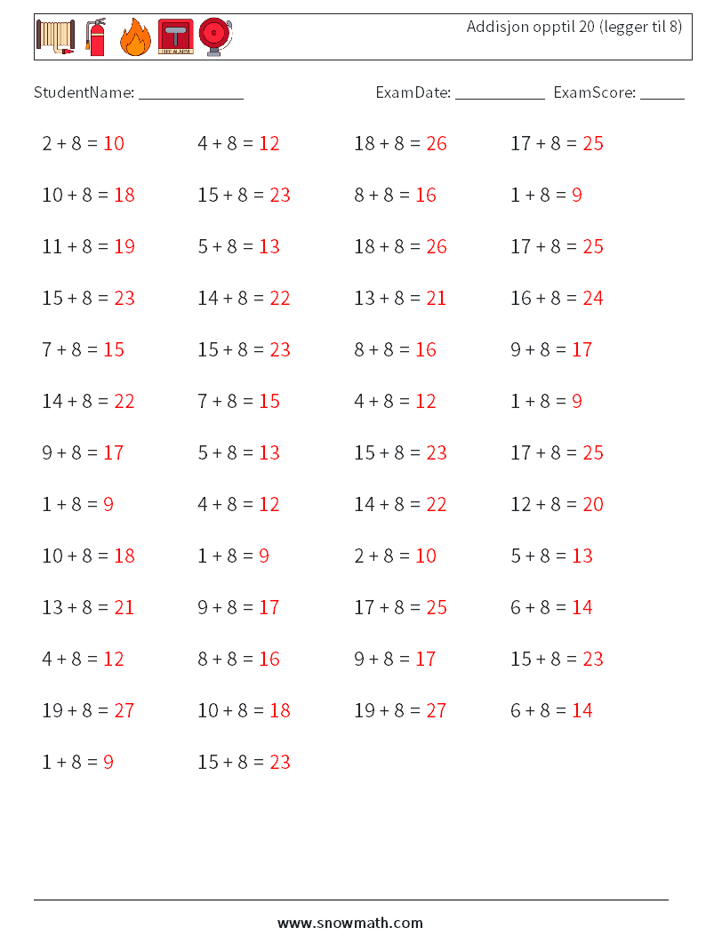 (50) Addisjon opptil 20 (legger til 8) MathWorksheets 7 QuestionAnswer