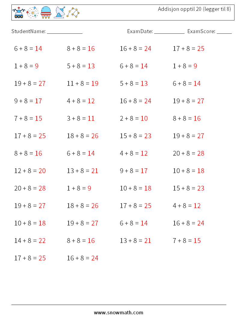 (50) Addisjon opptil 20 (legger til 8) MathWorksheets 8 QuestionAnswer