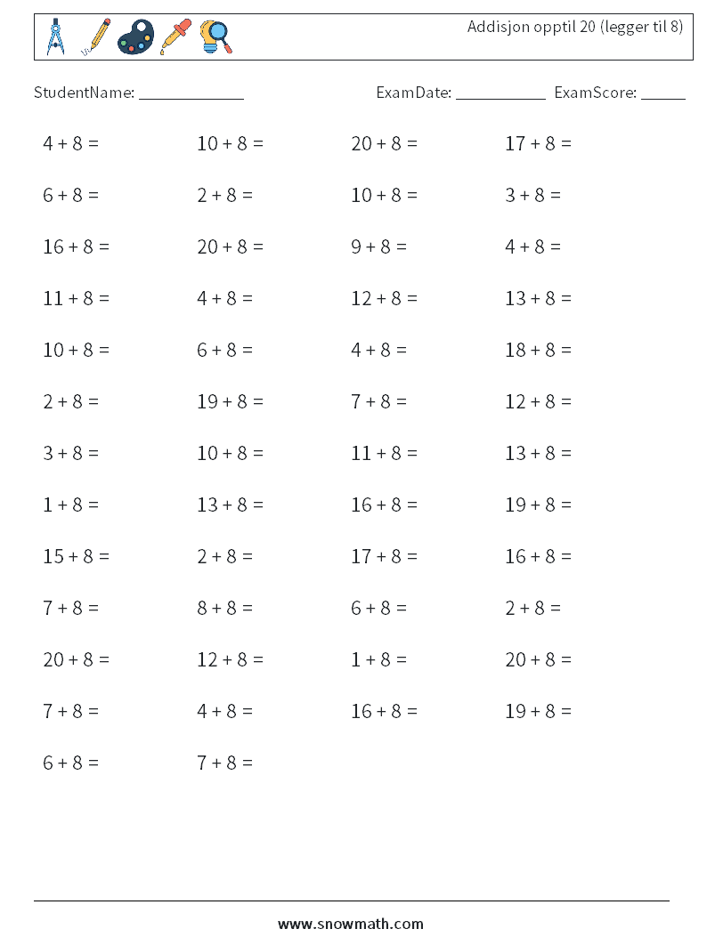 (50) Addisjon opptil 20 (legger til 8) MathWorksheets 9