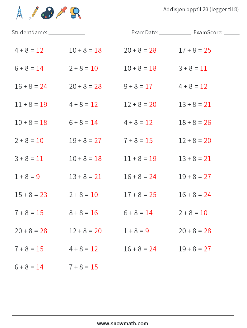 (50) Addisjon opptil 20 (legger til 8) MathWorksheets 9 QuestionAnswer