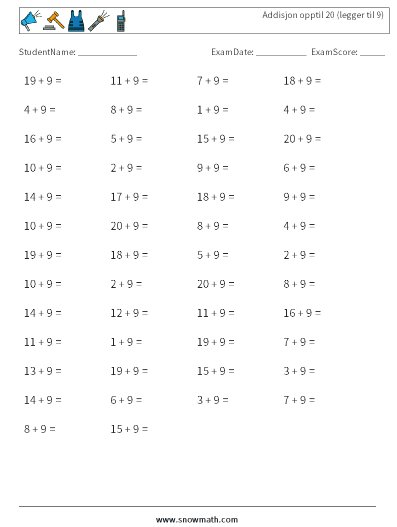 (50) Addisjon opptil 20 (legger til 9) MathWorksheets 1