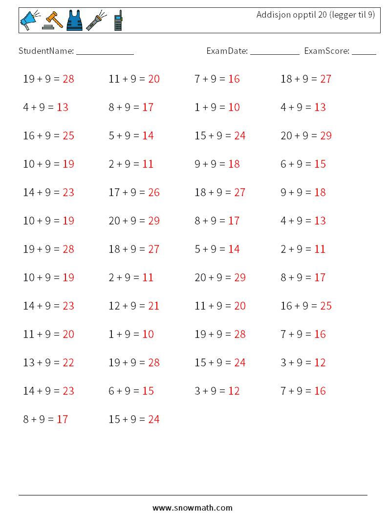 (50) Addisjon opptil 20 (legger til 9) MathWorksheets 1 QuestionAnswer