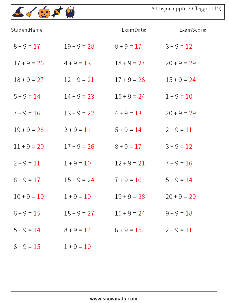 (50) Addisjon opptil 20 (legger til 9) MathWorksheets 2 QuestionAnswer