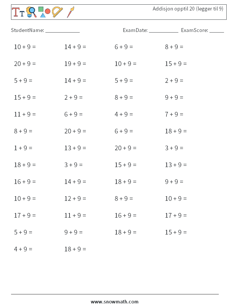 (50) Addisjon opptil 20 (legger til 9) MathWorksheets 4