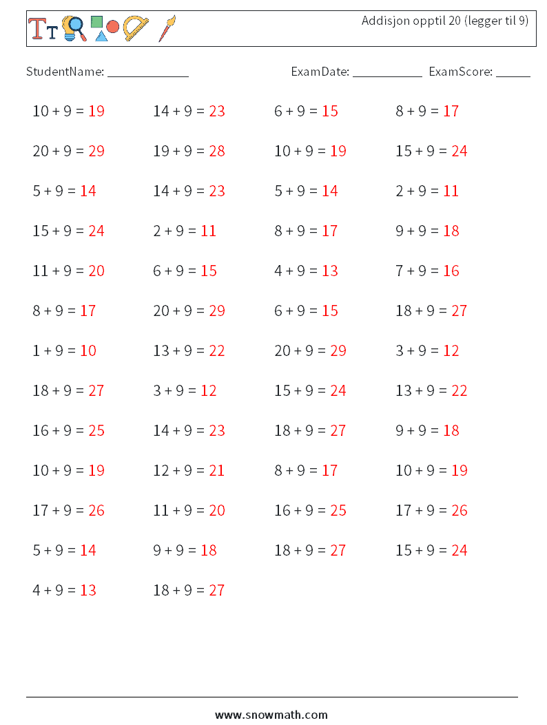 (50) Addisjon opptil 20 (legger til 9) MathWorksheets 4 QuestionAnswer