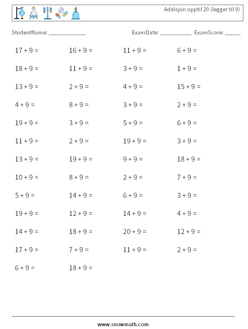 (50) Addisjon opptil 20 (legger til 9) MathWorksheets 5