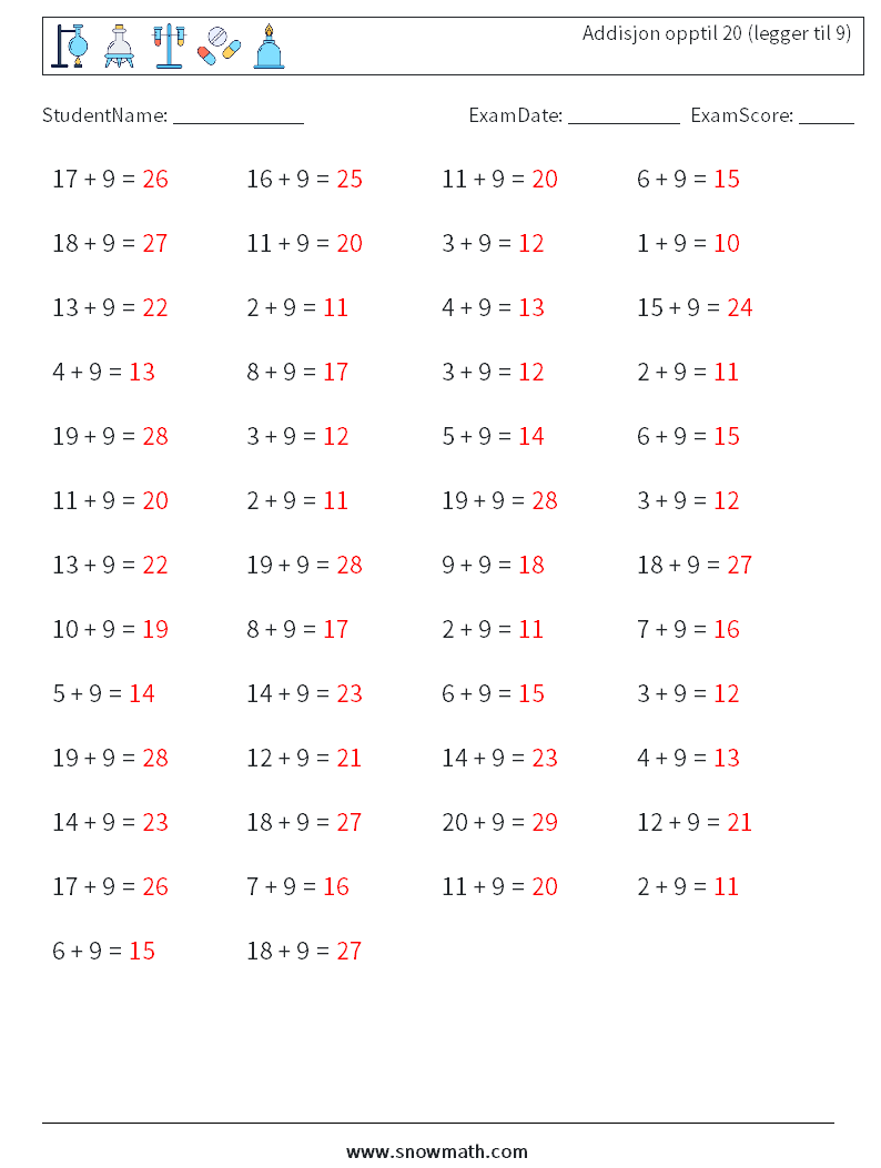 (50) Addisjon opptil 20 (legger til 9) MathWorksheets 5 QuestionAnswer