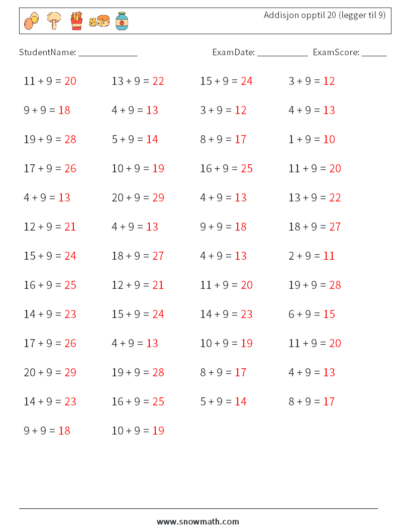 (50) Addisjon opptil 20 (legger til 9) MathWorksheets 6 QuestionAnswer
