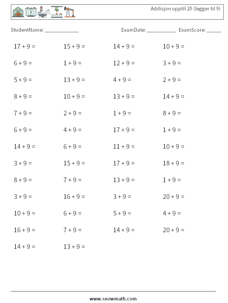 (50) Addisjon opptil 20 (legger til 9) MathWorksheets 9