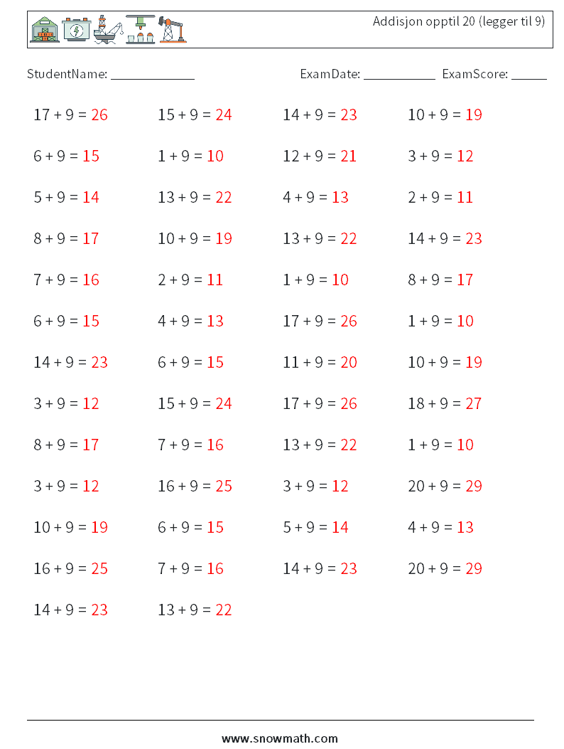(50) Addisjon opptil 20 (legger til 9) MathWorksheets 9 QuestionAnswer