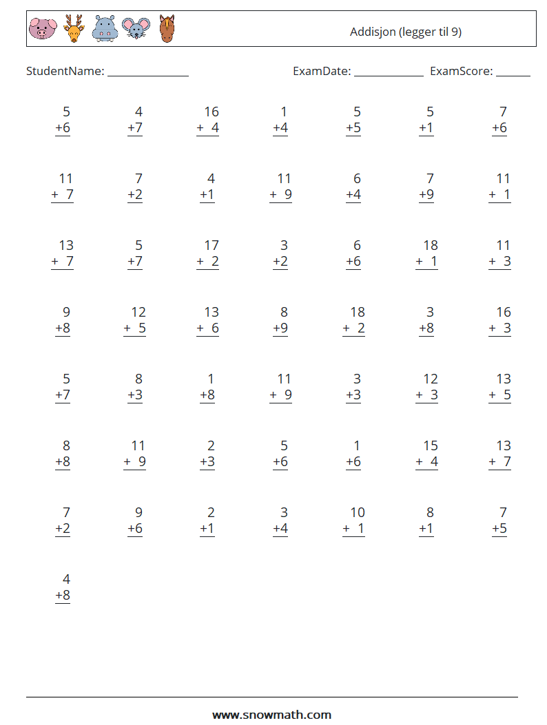 (50) Addisjon (legger til 9) MathWorksheets 10