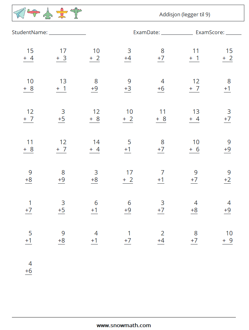 (50) Addisjon (legger til 9) MathWorksheets 13