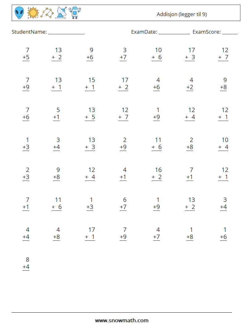 (50) Addisjon (legger til 9) MathWorksheets 14