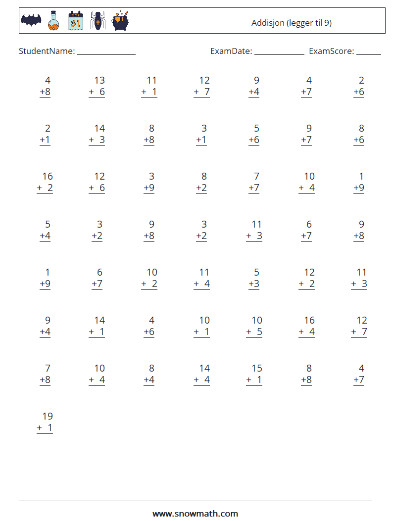(50) Addisjon (legger til 9) MathWorksheets 15
