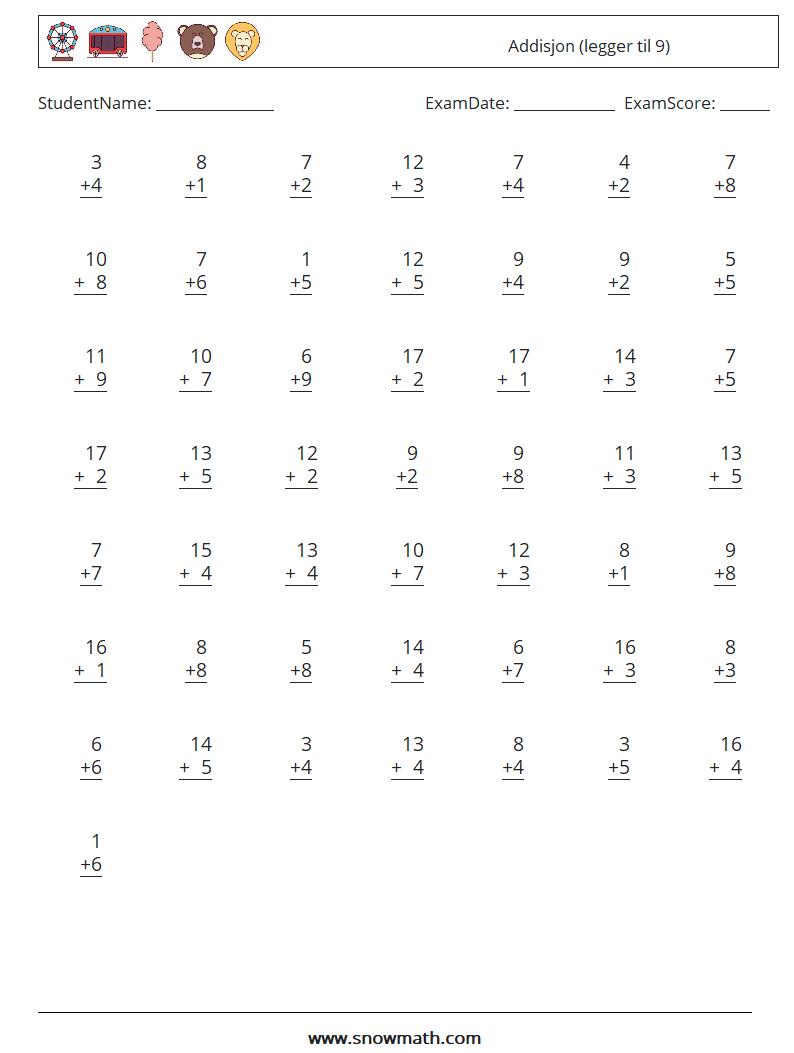 (50) Addisjon (legger til 9) MathWorksheets 16