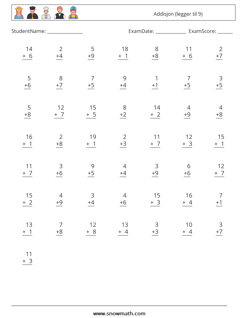 (50) Addisjon (legger til 9) MathWorksheets 2
