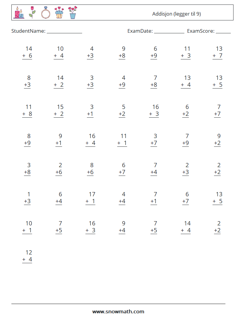 (50) Addisjon (legger til 9) MathWorksheets 3