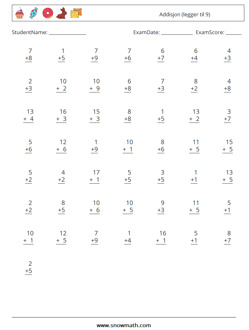 (50) Addisjon (legger til 9) MathWorksheets 4