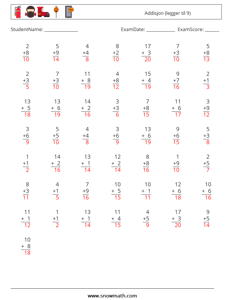 (50) Addisjon (legger til 9) MathWorksheets 5 QuestionAnswer