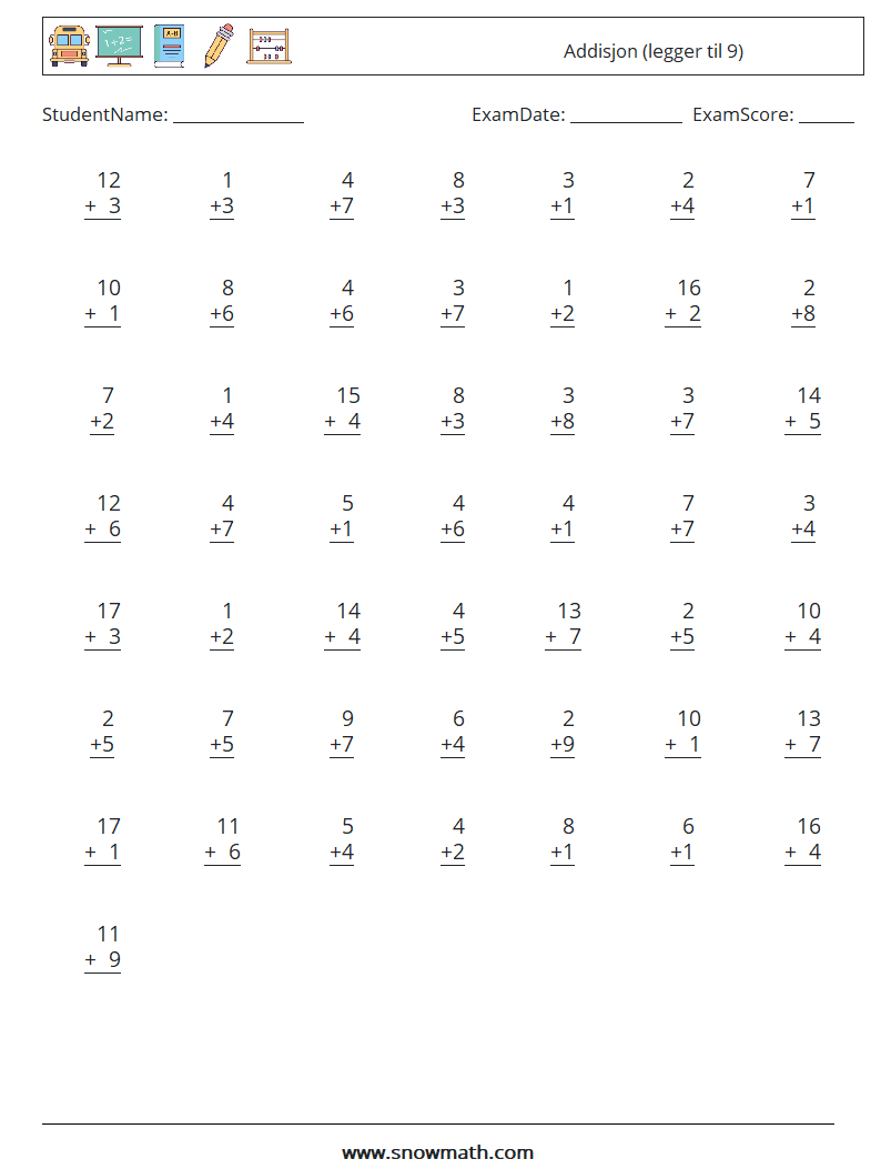 (50) Addisjon (legger til 9) MathWorksheets 6