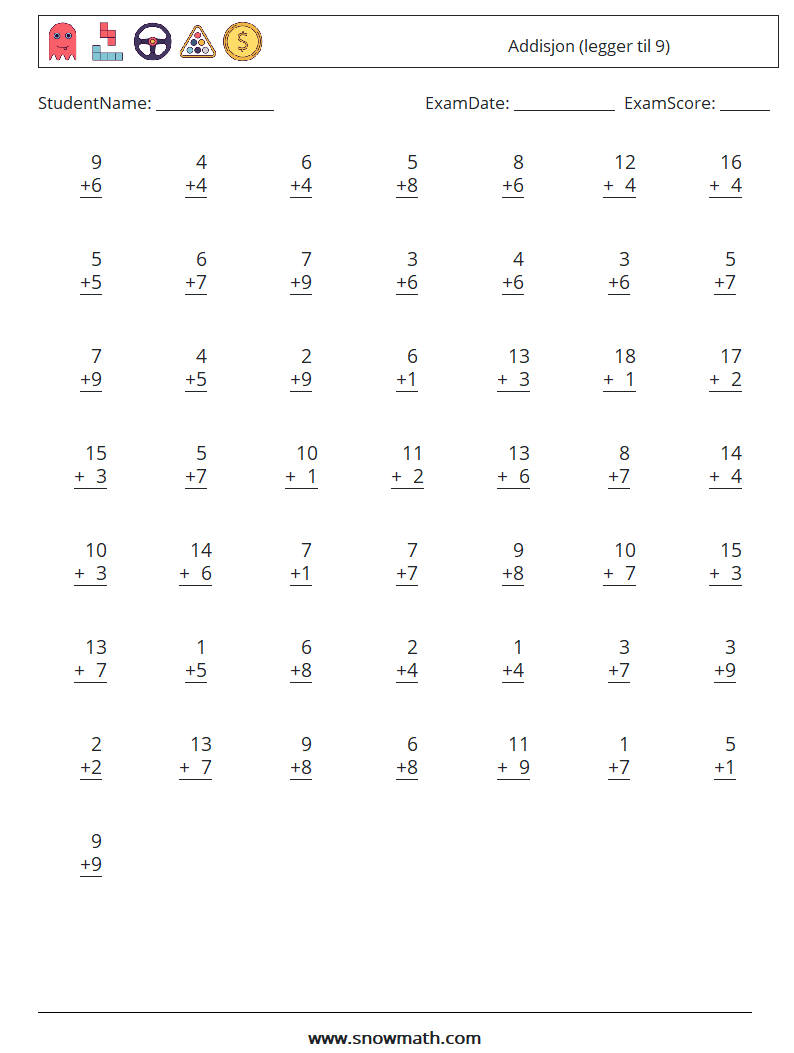 (50) Addisjon (legger til 9) MathWorksheets 7