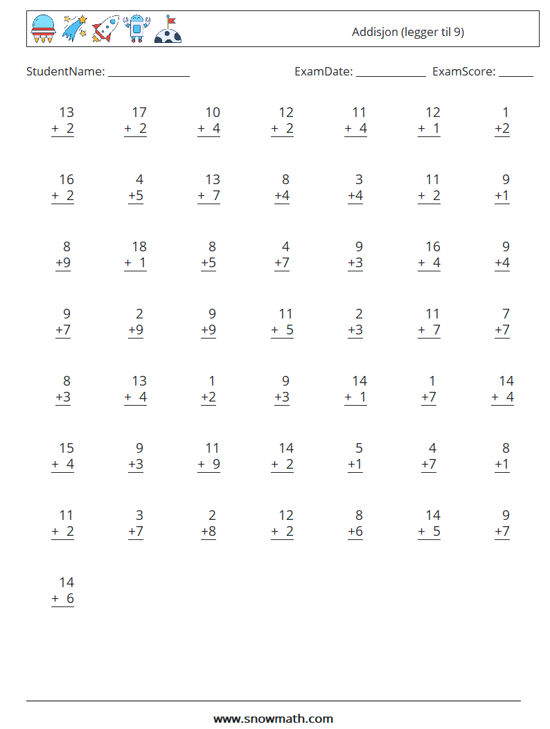(50) Addisjon (legger til 9) MathWorksheets 8