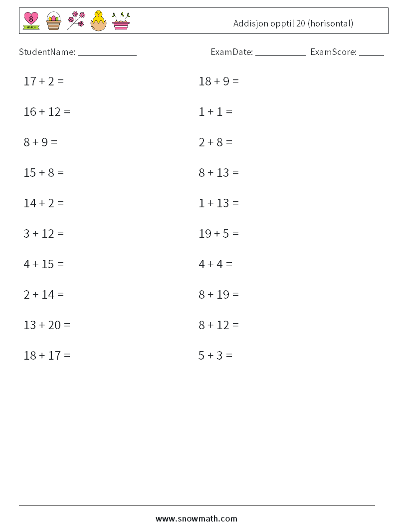 (20) Addisjon opptil 20 (horisontal) MathWorksheets 1