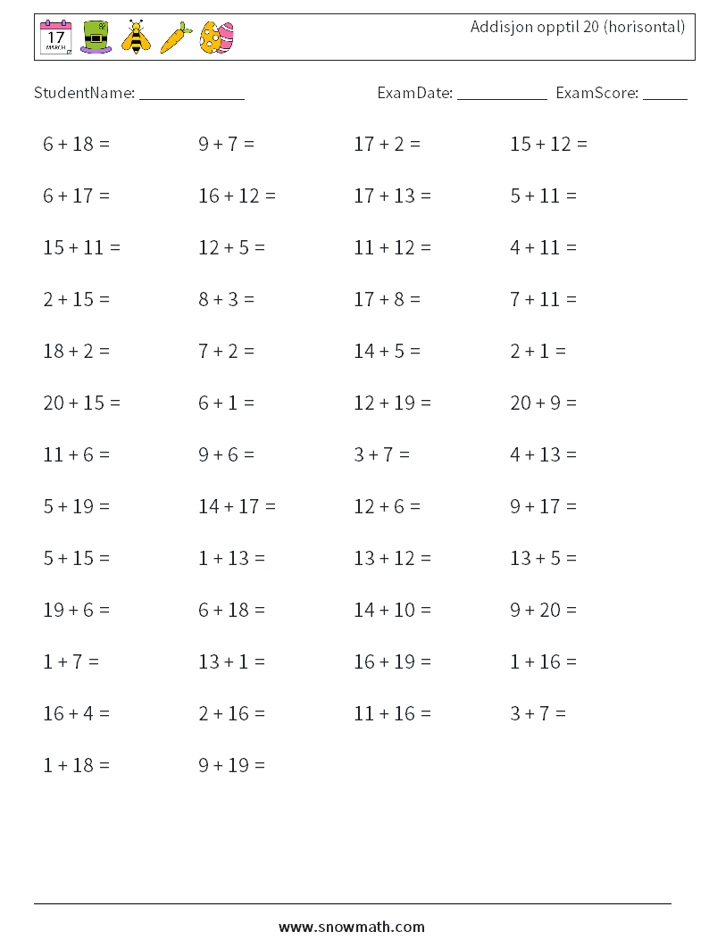 (50) Addisjon opptil 20 (horisontal) MathWorksheets 1