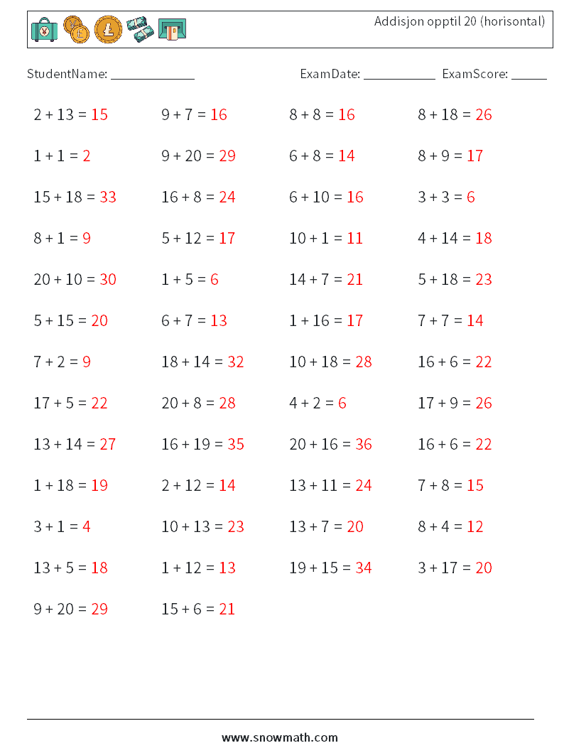 (50) Addisjon opptil 20 (horisontal) MathWorksheets 4 QuestionAnswer