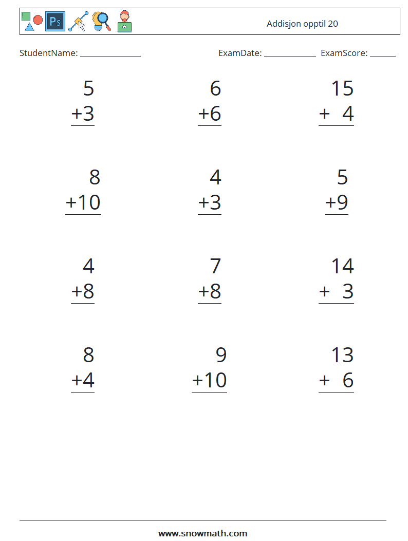 (12) Addisjon opptil 20 MathWorksheets 1