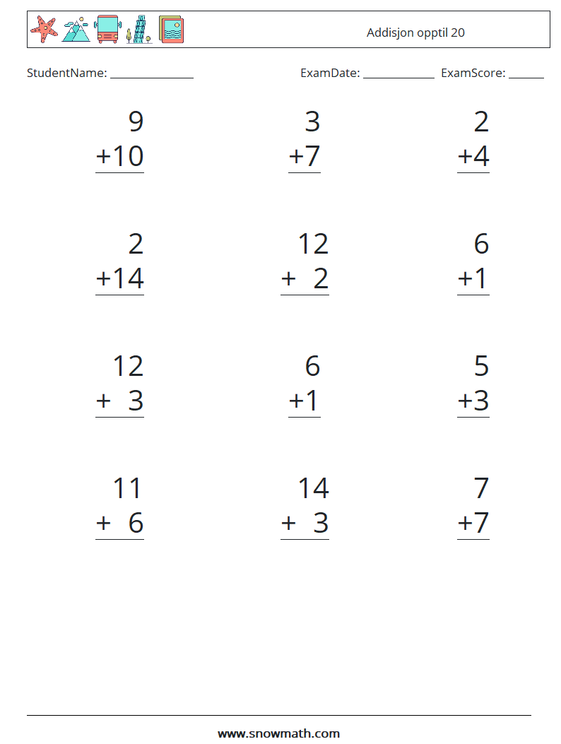 (12) Addisjon opptil 20 MathWorksheets 10