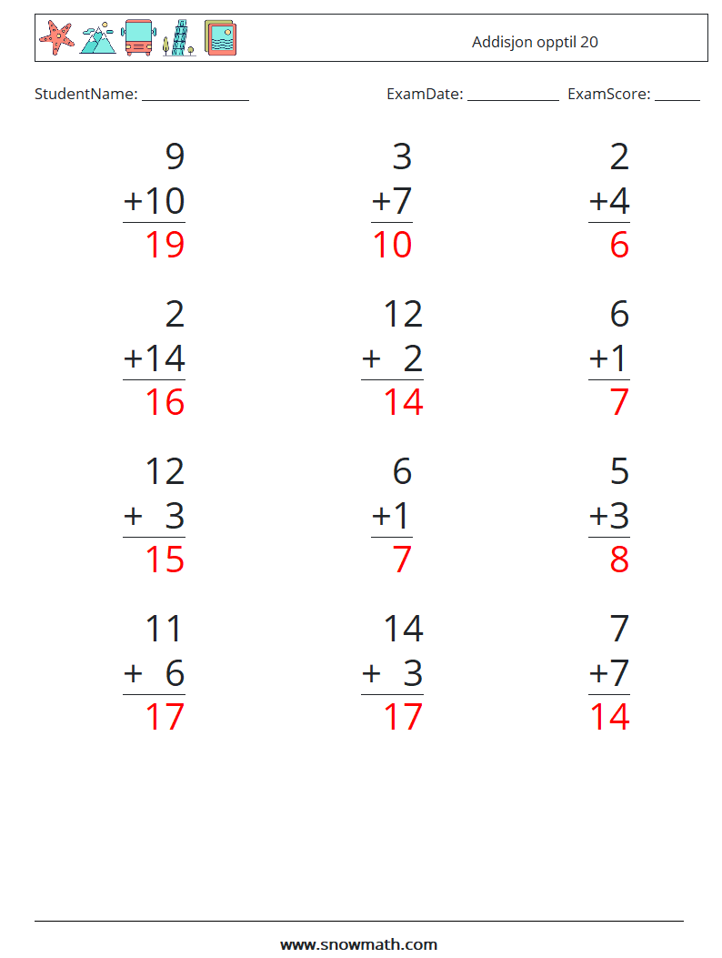 (12) Addisjon opptil 20 MathWorksheets 10 QuestionAnswer