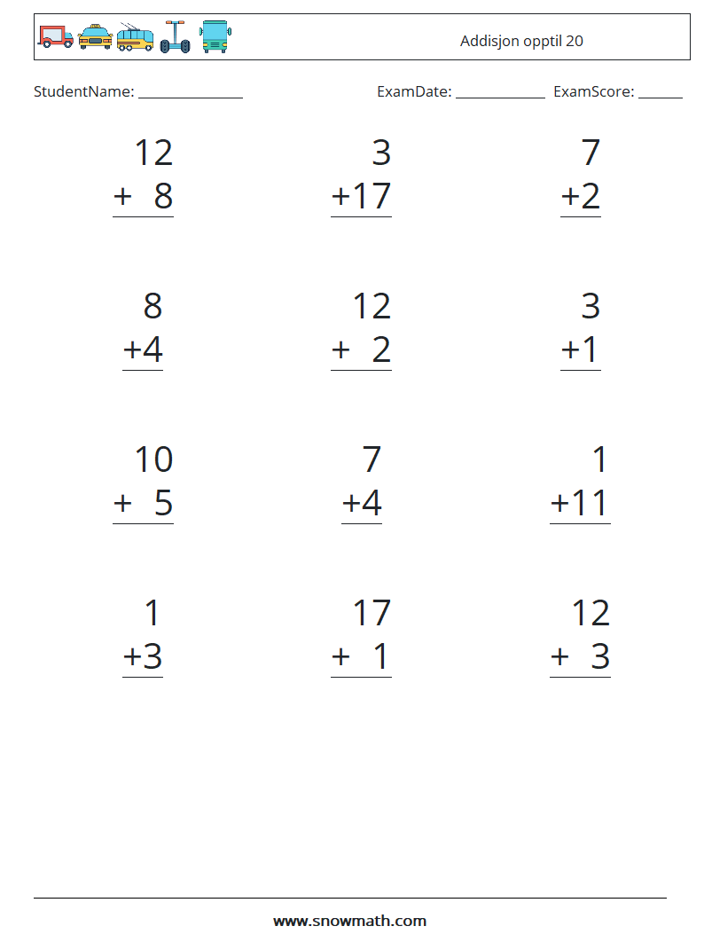 (12) Addisjon opptil 20 MathWorksheets 11