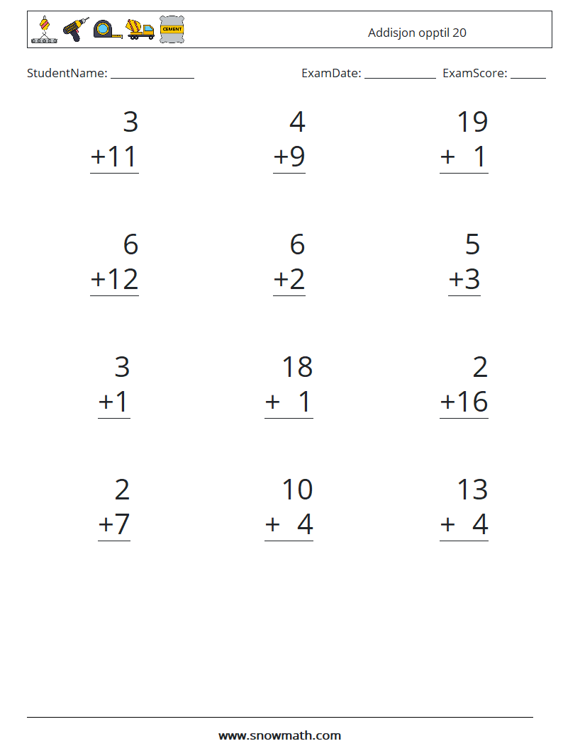 (12) Addisjon opptil 20 MathWorksheets 13