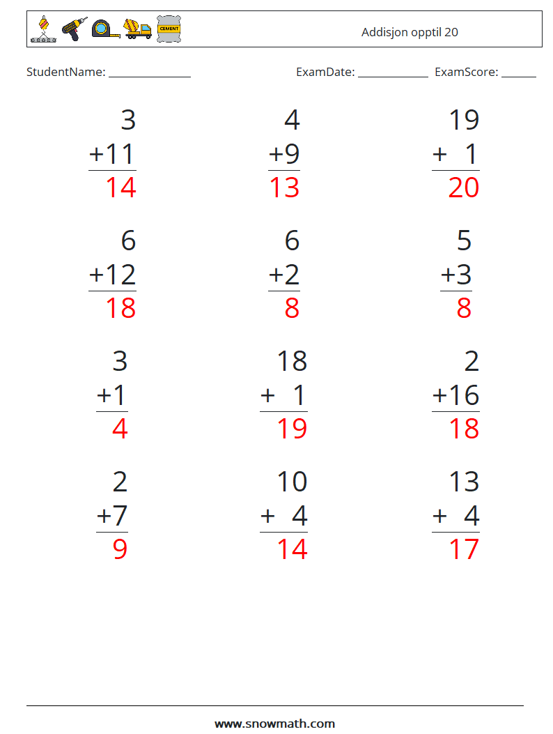 (12) Addisjon opptil 20 MathWorksheets 13 QuestionAnswer