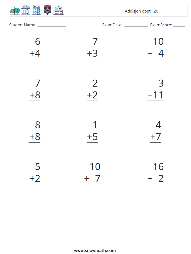 (12) Addisjon opptil 20 MathWorksheets 14