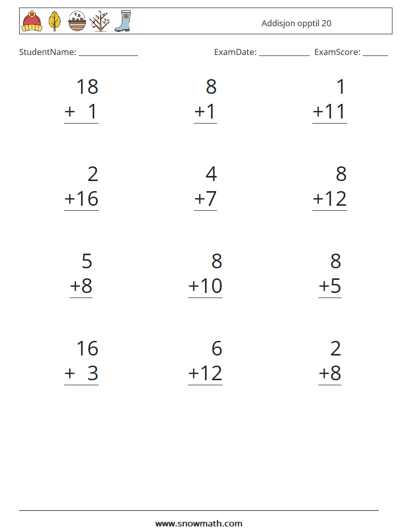 (12) Addisjon opptil 20 MathWorksheets 15