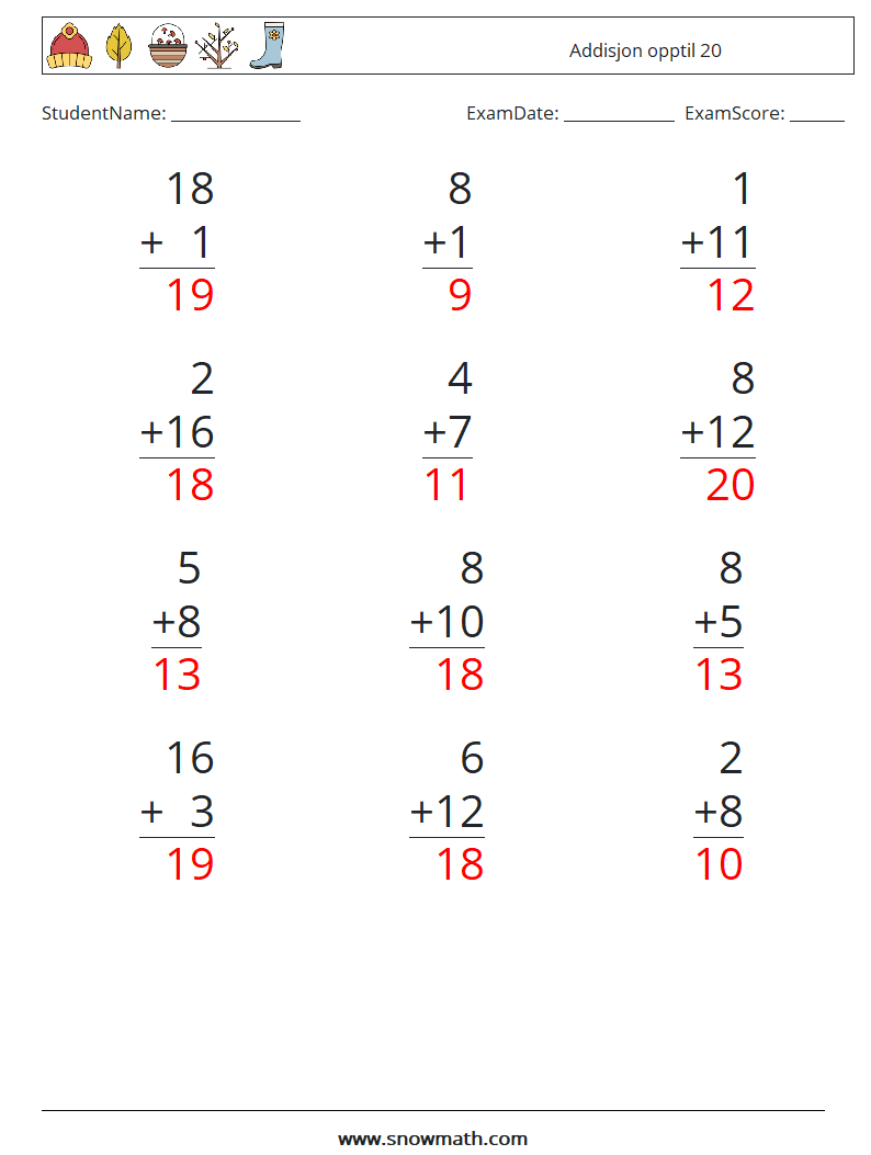 (12) Addisjon opptil 20 MathWorksheets 15 QuestionAnswer