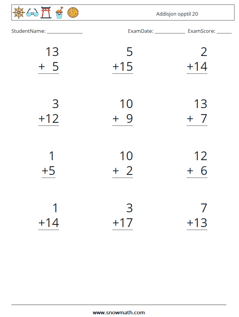 (12) Addisjon opptil 20 MathWorksheets 16