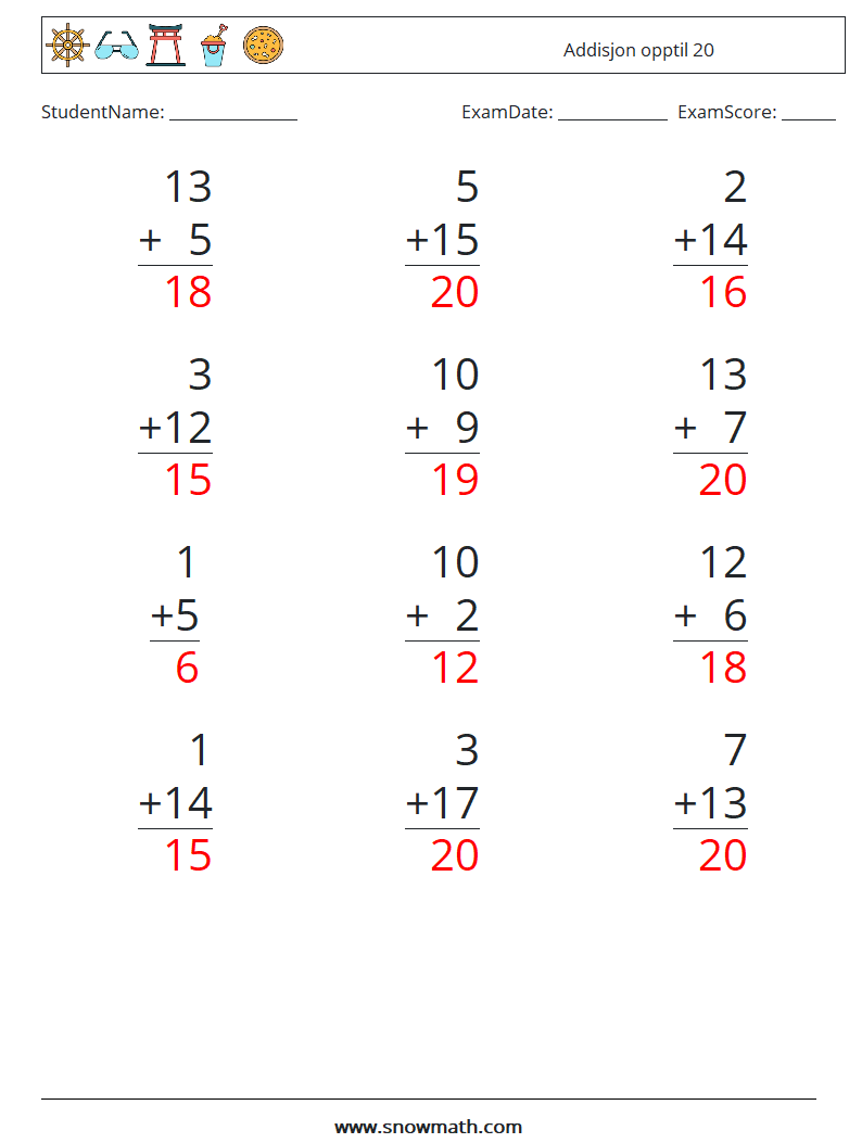 (12) Addisjon opptil 20 MathWorksheets 16 QuestionAnswer