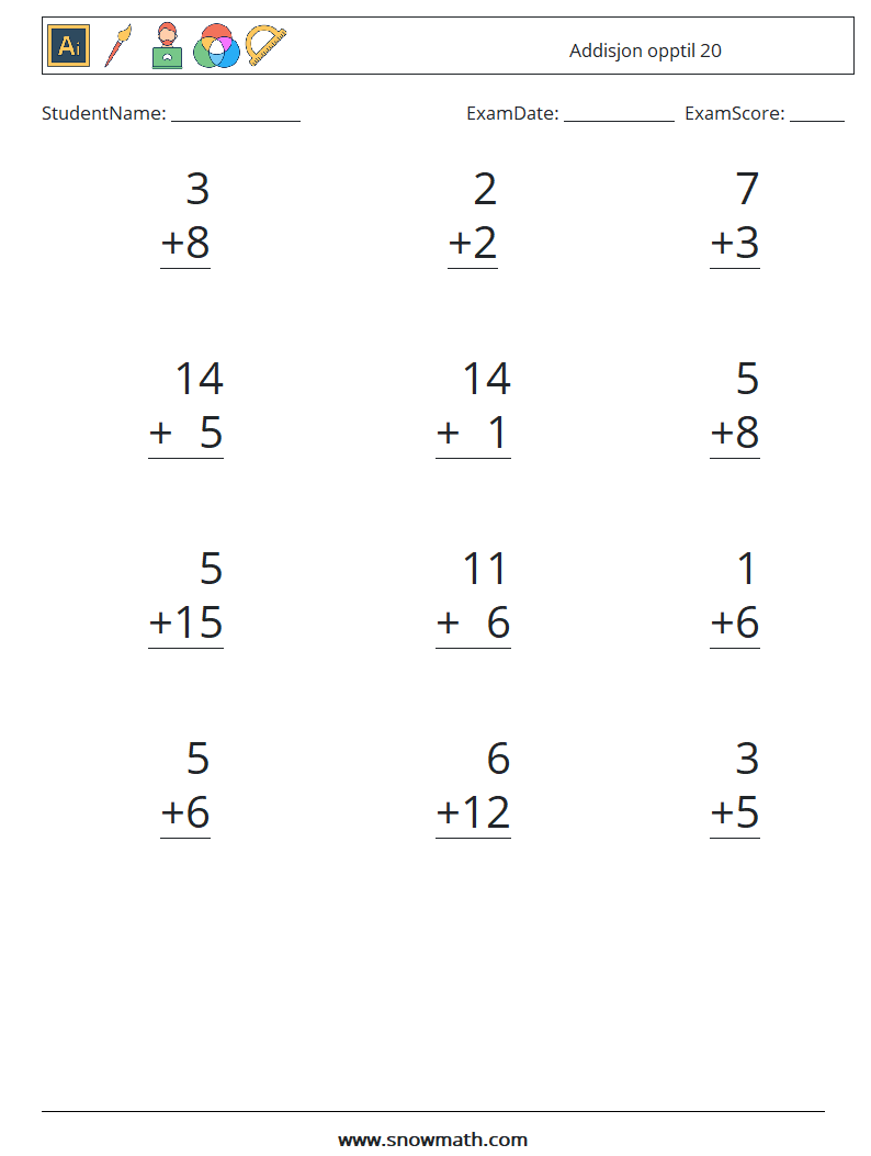 (12) Addisjon opptil 20 MathWorksheets 17