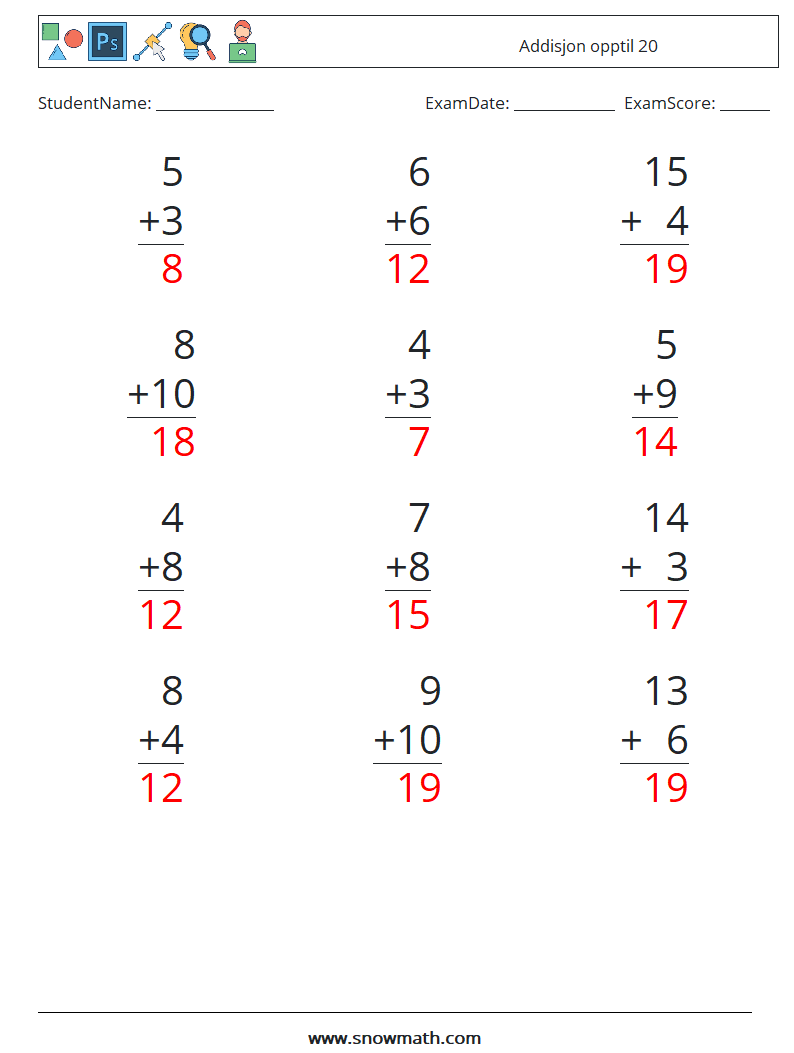 (12) Addisjon opptil 20 MathWorksheets 1 QuestionAnswer