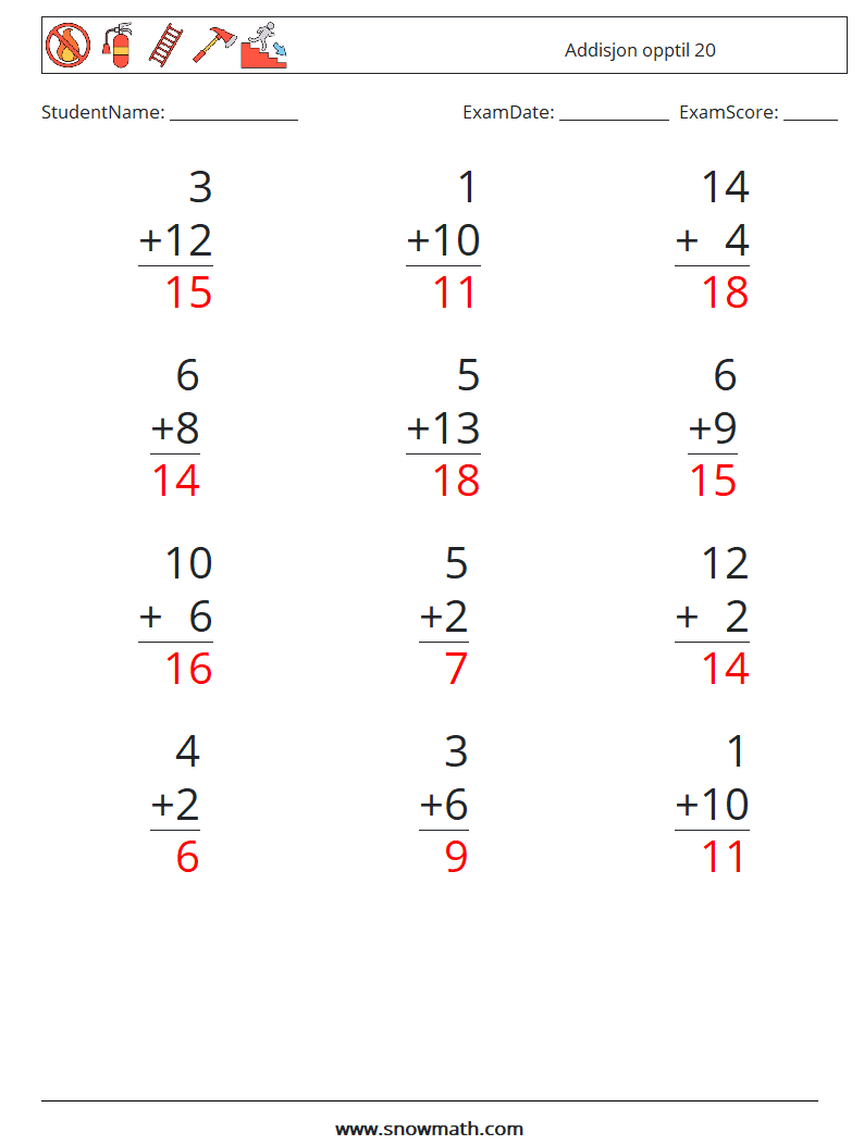 (12) Addisjon opptil 20 MathWorksheets 2 QuestionAnswer