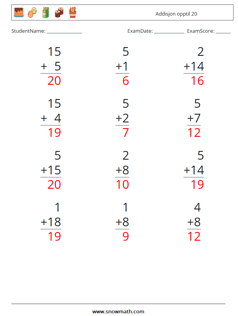 (12) Addisjon opptil 20 MathWorksheets 3 QuestionAnswer