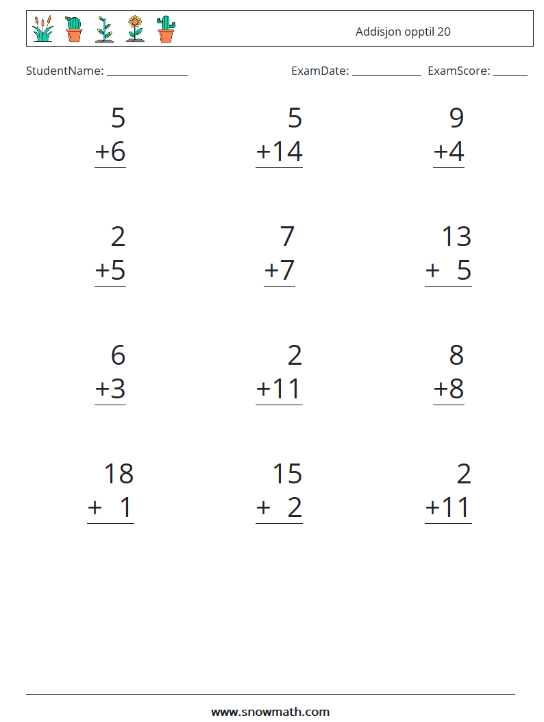 (12) Addisjon opptil 20 MathWorksheets 4