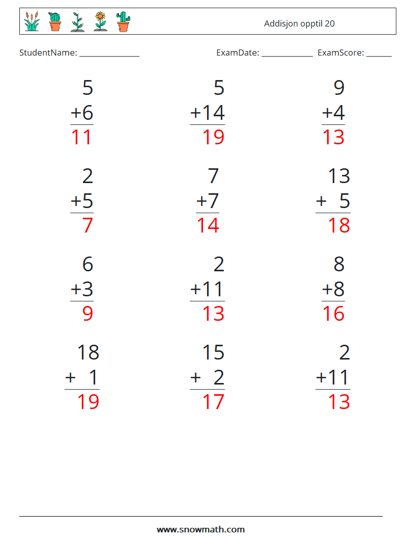 (12) Addisjon opptil 20 MathWorksheets 4 QuestionAnswer